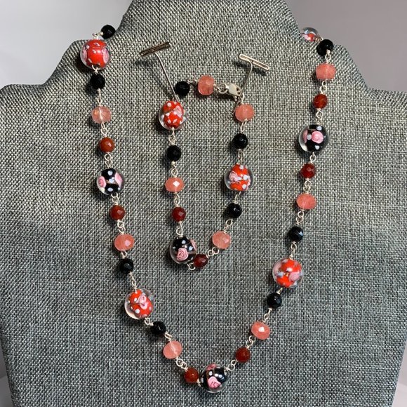 .925 Sterling Glass Bead Necklace & Bracelet Set. (304) - Picture 2 of 4